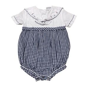 Vintage 90s Carters Nautical Sailor Bubble Romper Infant 9M Gingham Blue White